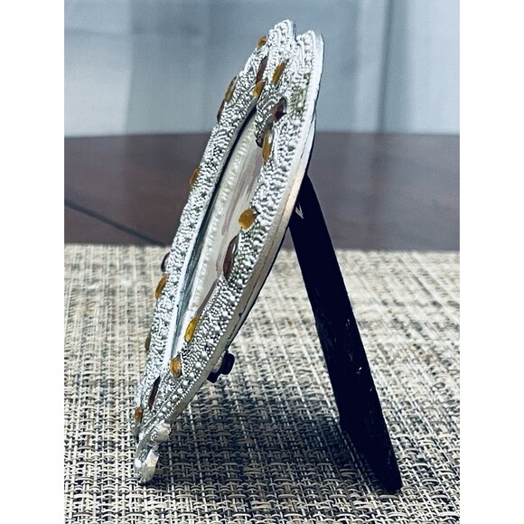 Filigree Style Heart-Shaped Desktop Frame Silver Tone Metal Yellow Rhinestones - Picture 4 of 10